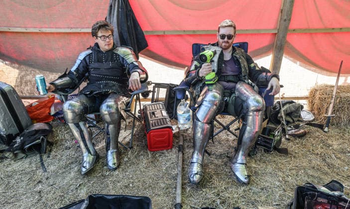 Kingdom of Loxwood medieval festival 09.08.2026. Members of the Full contact medieval armoured combat group Invicta take part in mass combat at the Kingdom of Loxwood medieval festival in west Sussex  Copyright: xRichardxPohlex NINTCHDBPICT001100254367
