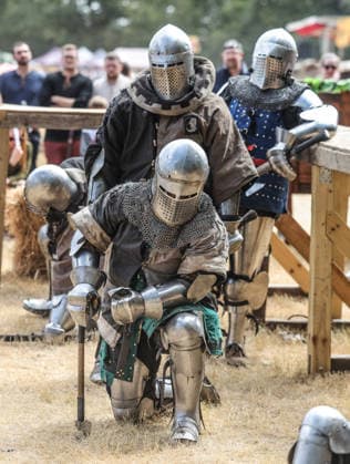 Kingdom of Loxwood medieval festival 09.08.2026. Members of the Full contact medieval armoured combat group Invicta take part in mass combat at the Kingdom of Loxwood medieval festival in west Sussex  Copyright: xRichardxPohlex NINTCHDBPICT001100254542