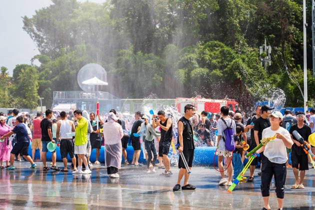 GUIYANG, CHINA - AUGUST 09: Citizens and tourists splash water on each other during the Summer Wonderland Ethnic Group Celebration at Guanshanhu Park on August 9, 2026 in Guiyang, Guizhou Province of China. The event features water splashing activities allowing participants to cool off during the summer heat.  Copyright: xVCGx 111659117626