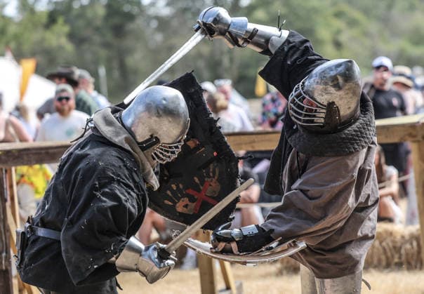 Kingdom of Loxwood medieval festival 09.08.2026. Members of the Full contact medieval armoured combat group Invicta take part in mass combat at the Kingdom of Loxwood medieval festival in west Sussex  Copyright: xRichardxPohlex NINTCHDBPICT001100254585