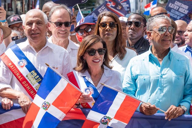 NY: 44th annual Dominican Day Parade Governor Kathy Hochul (C) attends 44th annual Dominican Day parade on 6th avenue in Manhattan Borough of New York, NY on August 9, 2026. New York New York United States Copyright: LevxRadin