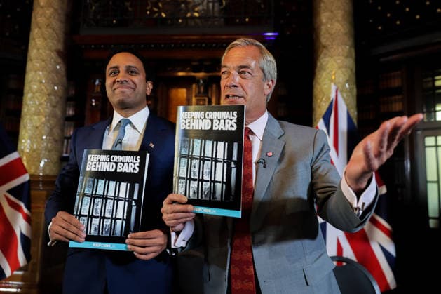 August 10, 2026, London, London, UK: London, UK. Reform UK leader Nigel Farage (R) and Reform UK home affairs spokesperson, Zia Yusuf (L) hold a document a press conference in central London, setting out plans to remove foreign nationals from British prisons in a bid to ease overcrowding. London UK  - ZUMAl94_ 20260810_zaf_l94_022 Copyright: xDinendraxHariax