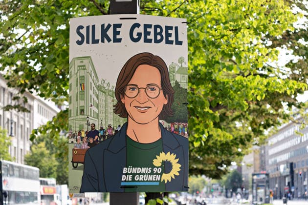 Berlin,10.08.2026,Wahlplakat der Partei Bündnis 90 die Grünen Silke Gebel zur Wahl zum 20.Abgeordnetenhaus von Berlin sowie zu den Bezirksverordnetenversammlungen am 20.09.2026. *** Berlin, August 10, 2026—Election poster for Silke Gebel of the Alliance 90 The Greens party for the election to the 20th Berlin House of Representatives and the district councils on September 20, 2026