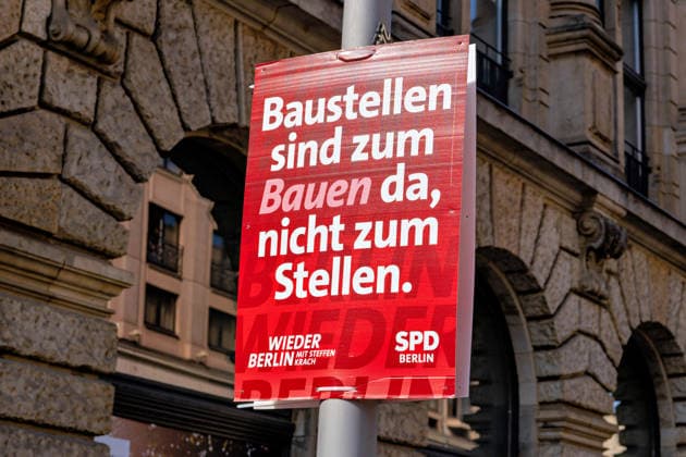 Berlin,10.08.2026,Wahlplakat der Partei SPD zur Wahl zum 20.Abgeordnetenhaus von Berlin sowie zu den Bezirksverordnetenversammlungen am 20.09.2026. *** Berlin, August 10, 2026—Election poster of the SPD party for the election to the 20th Berlin House of Representatives and the district councils on September 20, 2026