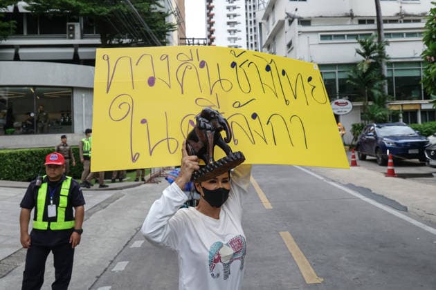 August 10, 2026, Bangkok, Thailand: A Thai elephant lover calls for two elephants to be returned from Sri Lanka. Thai elephant lovers gather outside the Sri Lankan Embassy in Bangkok, calling on Sri Lanka to return the two Thai goodwill ambassador elephants, Plai Pratu Pha and Plai Plai Srinarong, to Thailand, after reports that the elephants have been overworked, in Bangkok, Thailand, August 10, 2026. Bangkok Thailand - ZUMAs197 20260810_aaa_s197_027 Copyright: xNattaphonxPhanphongsanonx