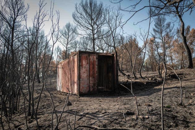 Aftermath of Wildfire in The Var - France A container destroyed in the Gros Bessillon fire near the Notre-Dame-de-Grace sanctuary in Cotignac, France, on August 10, 2026. Photo by Laurent Coust ABACAPRESS.COM Cotignac France  Copyright: xCoustxLaurent ABACAx