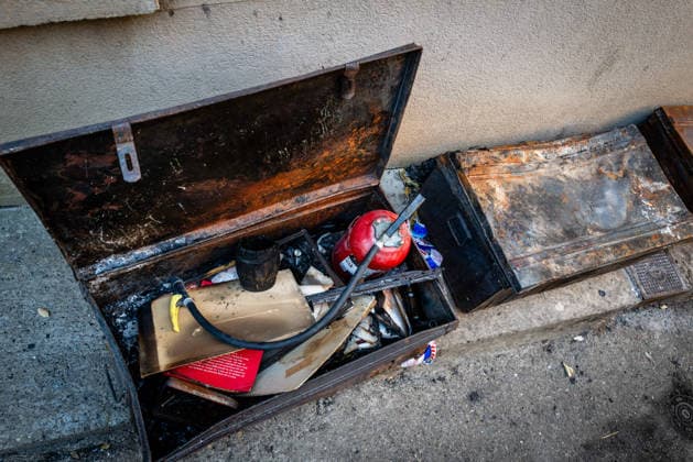 Aftermath of Wildfire in The Var - France A box containing a fire extinguisher taken from a house that burned down during the Gros Bessillon fire in Montfort-sur-Argens, France, on August 10, 2026. Photo by Laurent Coust ABACAPRESS.COM Montfort-sur-Argens France  Copyright: xCoustxLaurent ABACAx