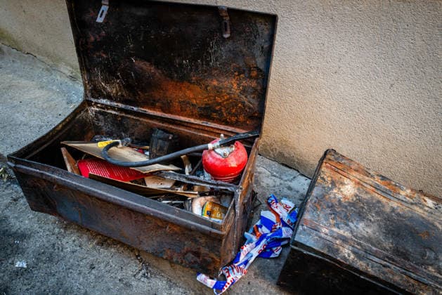 Aftermath of Wildfire in The Var - France A box containing a fire extinguisher taken from a house that burned down during the Gros Bessillon fire in Montfort-sur-Argens, France, on August 10, 2026. Photo by Laurent Coust ABACAPRESS.COM Montfort-sur-Argens France  Copyright: xCoustxLaurent ABACAx