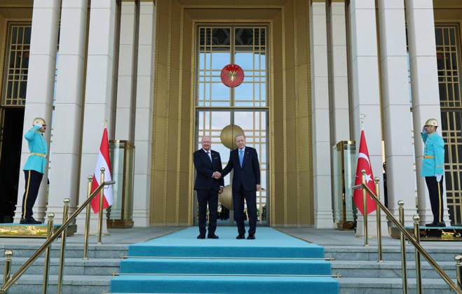 Turkish President Recep Tayyip Erdogan ANKARA, TURKIYE - AUGUST 10 : (----EDITORIAL USE ONLY - MANDATORY CREDIT - TURKISH PRESIDENCY MURAT CETINMUHURDAR HANDOUT - NO MARKETING NO ADVERTISING CAMPAIGNS - DISTRIBUTED AS A SERVICE TO CLIENTS----) Turkish President Recep Tayyip Erdogan welcomes Austrian Chancellor Christian Stocker with an official ceremony at the Presidential Complex in Ankara, Turkiye on August 10, 2026. TUR Presidency Murat Cetinmuhurdar Anadolu Ankara Turkey. Editorial use only. Please get in touch for any other usage.  Copyright: x2026xAnadoluxTURxPresidency MuratxCetinmuhurdarx
