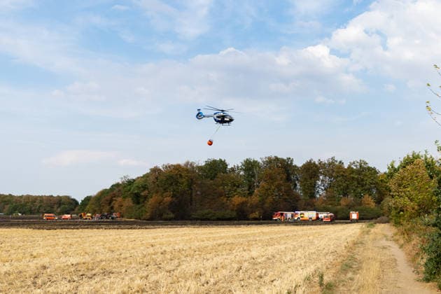 Feuerwehr kämpft bei Buschhoven gegen Flächenbrand am Waldrand Bei Buschhoven (Gemeinde Swisttal) breitet sich ein Flächenbrand aus: Ein zunächst brennendes Feld hat sich durch starken Wind auf angrenzenden Wald ausgeweitet, mehr als 10.000 Quadratmeter sind betroffen. Rund 150 Einsatzkräfte der Feuerwehr aus Swisttal, Alfter, Rheinbach und Weilerswist kämpfen gegen die Flammen, ein Polizeihubschrauber unterstützt die Löscharbeiten aus der Luft. Swisttal Buschhoven Nordrhein-Westfalen Deutschland *** Firefighters Battle Wildfire at the Edge of the Forest Near Buschhoven A wildfire is spreading near Buschhoven in the municipality of Swisttal. What began as a field fire has spread to the adjacent forest due to strong winds; more than Copyright: xMarcxJohnx