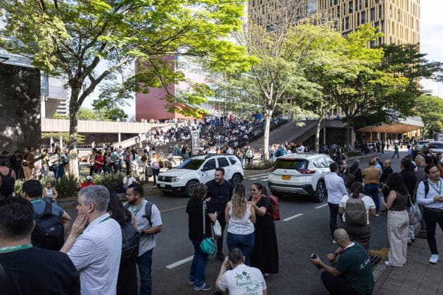 August 10, 2026, Medellin, Antioquia, Colombia: People gather outside buildings and streets in medellin after a 7,4 Earthquake that struck Colombia on August 10, 2026. Medellin Colombia - ZUMAvp1_ 20260810_zia_vp1_031 Copyright: xJuanxJosexPatinox