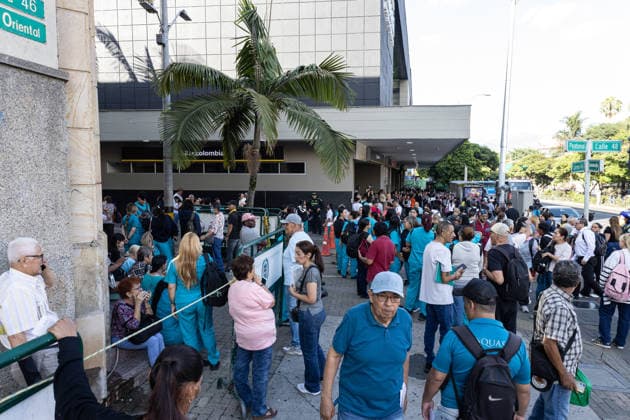August 10, 2026, Medellin, Antioquia, Colombia: People gather outside buildings and streets in medellin after a 7,4 Earthquake that struck Colombia on August 10, 2026. Medellin Colombia - ZUMAvp1_ 20260810_zia_vp1_019 Copyright: xJuanxJosexPatinox