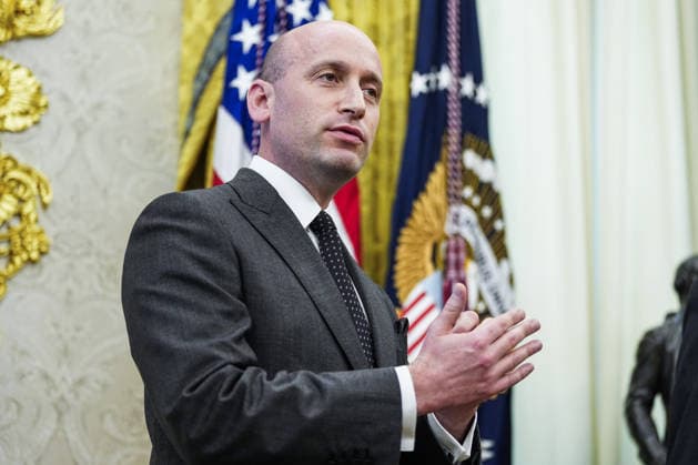 White House Deputy Chief of Staff for Policy Stephen Miller speaks before President Donald Trump (not pictured) signs an executive order that reevaluates childhood vaccines in the Oval Office of the White House in Washington, DC on August 10, 2026. While the executive order still recommends childhood vaccines for 11 diseases, including measles and polio, it calls for limiting vaccines for other diseases, like hepatitis A and B and meningococcal disease, to high-risk populations.  WAP20260810118 BONNIExCASH