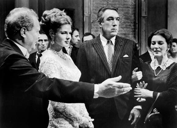 Ingrid Bergman (center left), Anthony Quinn (center right), Valentina Cortese (right), on-set of the Film, The Visit , 20th Century-Fox, 1964  Copyright: xABxArchivesx jtv014486