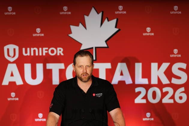 August 10, 2026, Toronto, On, Canada: Trevor Longpre, Unifor General Motors Master Bargaining Committee Chairperson speaks at a press conference as Unifor opens negotiations with General Motors in Toronto, on Monday, Aug. 10, 2026. Toronto Canada  - ZUMAc35_ 20260810_zaf_c35_019 Copyright: xKeitoxNewmanx