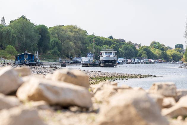 Niedrigwasser am Rhein: Boote und Stege bei Bornheim-Hersel auf Grund Niedrigwasser am Rhein: Bei einem Pegelstand von 74 cm am Pegel Bonn liegt der Rheinarm zwischen Bornheim-Hersel und dem Naturschutzgebiet Herseler Werth größtenteils trocken. Boote und Stege liegen auf dem ausgetrockneten Flussbett auf Grund. Am Rhein werden derzeit historische Tiefstwerte gemessen. Bornheim Hersel Nordrhein-Westfalen Deutschland *** Low Water on the Rhine: Boats and Docks Stranded Near Bornheim Hersel Low Water on the Rhine With the water level at the Bonn gauge standing at 74 cm, the branch of the Rhine between Bornheim Hersel and the Herseler Werth Nature Reserve is largely dry; boats and docks are stranded on the dried-up riverbed. Historic low wat Copyright: xMarcxJohnx