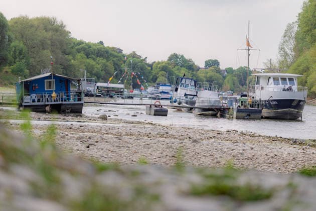 Niedrigwasser am Rhein: Boote und Stege bei Bornheim-Hersel auf Grund Niedrigwasser am Rhein: Bei einem Pegelstand von 74 cm am Pegel Bonn liegt der Rheinarm zwischen Bornheim-Hersel und dem Naturschutzgebiet Herseler Werth größtenteils trocken. Boote und Stege liegen auf dem ausgetrockneten Flussbett auf Grund. Am Rhein werden derzeit historische Tiefstwerte gemessen. Bornheim Hersel Nordrhein-Westfalen Deutschland *** Low Water on the Rhine: Boats and Docks Stranded Near Bornheim Hersel Low Water on the Rhine With the water level at the Bonn gauge standing at 74 cm, the branch of the Rhine between Bornheim Hersel and the Herseler Werth Nature Reserve is largely dry; boats and docks are stranded on the dried-up riverbed. Historic low wat Copyright: xMarcxJohnx