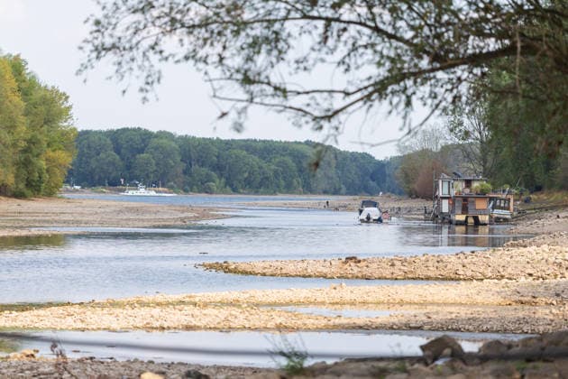 Niedrigwasser am Rhein: Boote und Stege bei Bornheim-Hersel auf Grund Niedrigwasser am Rhein: Bei einem Pegelstand von 74 cm am Pegel Bonn liegt der Rheinarm zwischen Bornheim-Hersel und dem Naturschutzgebiet Herseler Werth größtenteils trocken. Boote und Stege liegen auf dem ausgetrockneten Flussbett auf Grund. Am Rhein werden derzeit historische Tiefstwerte gemessen. Bornheim Hersel Nordrhein-Westfalen Deutschland *** Low Water on the Rhine: Boats and Docks Stranded Near Bornheim Hersel Low Water on the Rhine With the water level at the Bonn gauge standing at 74 cm, the branch of the Rhine between Bornheim Hersel and the Herseler Werth Nature Reserve is largely dry; boats and docks are stranded on the dried-up riverbed. Historic low wat Copyright: xMarcxJohnx