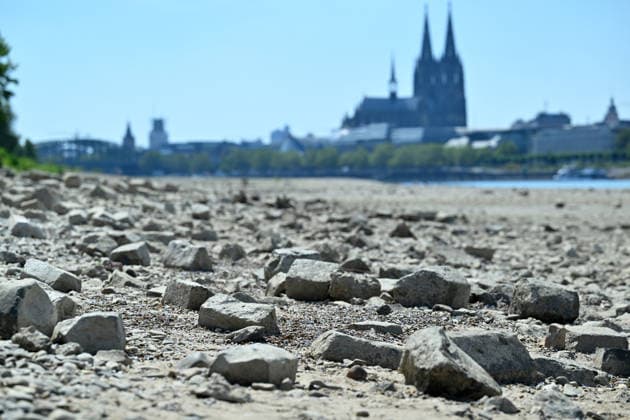 (260810) -- COLOGNE, Aug. 10, 2026 -- The banks of the Rhine River are pictured in Cologne, Germany, Aug. 10, 2026. Persistent drought has caused water levels to fall along several sections of the Rhine River in Germany. (Photo by Xinhua) GERMANY-COLOGNE-RHINE-WATER LEVEL UlrichxHufnagel 