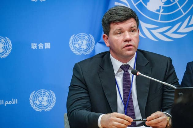 August 10, 2026, New York, New York, United States: VOLODYMYR PAVLICHENKO, Deputy Permanent Representative of Ukraine to the United Nations, addresses journalists following a closed UN Security Council Arria-formula meeting at UNHQ. The briefing focused on the treatment of Ukrainian prisoners of war and civilian detainees held by Russia, with testimony from former detainees and Ukrainian officials highlighting alleged violations of international humanitarian law and calling for accountability. New York United States - ZUMAo116 20260810_znp_o116_004 Copyright: xBiancaxOterox