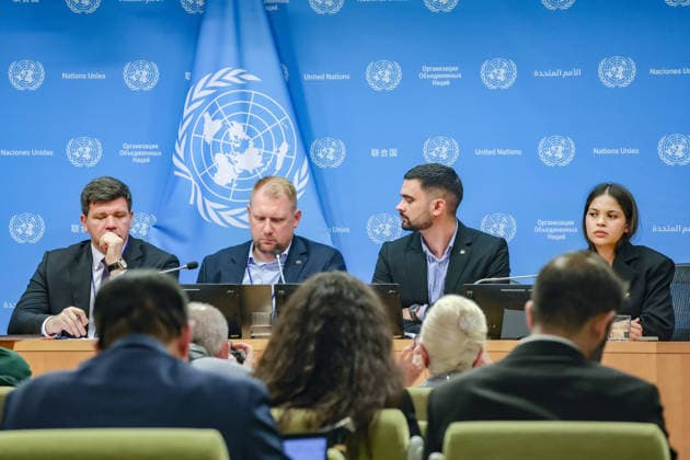 August 10, 2026, New York, New York, United States: L-R: VOLODYMYR PAVLICHENKO, Deputy Permanent Representative of Ukraine to the United Nations; OLEG GUSHCHYN, Legal Counsellor with UkraineÃ¢â‚¬â ¢s Coordination Headquarters for the Treatment of Prisoners of War; KHUAN LEYVA GARSIYA, former Ukrainian prisoner of war and defender of MariupolÃ¢â‚¬â ¢s Azovstal steelworks; and LENIIE UMEROVA, Ukrainian Crimean Tatar and former civilian detainee, participate in a press briefing following a closed UN Security Council Arria-formula meeting at UNHQ. The briefing highlighted testimony on the treatment of Ukrainian prisoners of war and civilian detainees held by Russia, alleged violations of international humanitarian law, and ongoing efforts to pu  - ZUMAo116 20260810_znp_o116_043 Copyright: xBiancaxOterox
