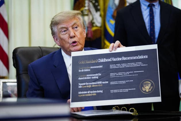 August 10, 2026, Washington, District Of Columbia, USA: United States President Donald J Trump (C) holds a chart as he speaks prior to signing an executive order that reevaluates childhood vaccines in the Oval Office of the White House in Washington, DC, USA, on August 10, 2026. While the executive order still recommends childhood vaccines for 11 diseases, including measles and polio, it calls for limiting vaccines for other diseases, like hepatitis A and B and meningococcal disease, to high-risk populations Washington USA  - ZUMAs152 20260810_faa_s152_011 Copyright: xBonniexCashx-xPoolxviaxCNPx