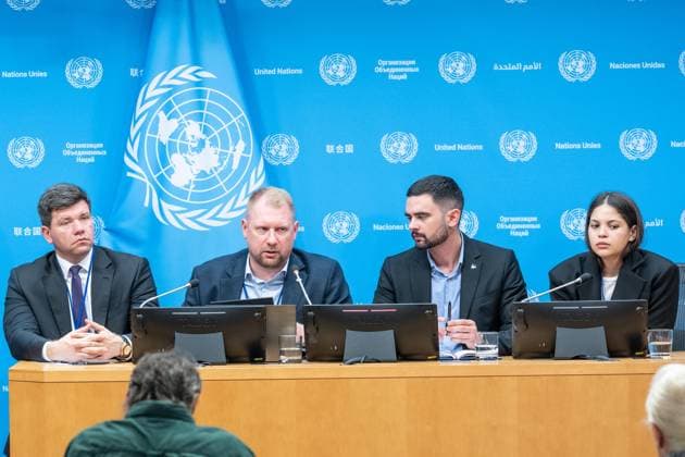 August 10, 2026, New York, New York, USA: Oleg Gushchyn, Legal Counsellor, Coordination Headquarters for the Treatment of Prisoners of War of Ukraine speaks during press briefing organized by Permanent Mission of Ukraine at UN Headquarters in New York, NY on August 10, 2026. Ambassador Volodymyr Pavlichenko joined as Khuan Leyva Garsiya and Leniie Umerova briefed press on their experience being in captivity in Russia and their witness of treatments by Russian authorities of POW and civilians taken into prisons in Russia. New York USA  - ZUMAr339 20260810_znp_r339_008 Copyright: xLevxRadinx