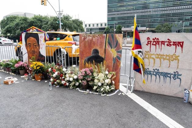 August 10, 2026, New York, New York, USA: Activists continue protesting against treatment by Chinese authorities of Tibetan people by suppressing freedom of religion, language, culture and prosecuting those who dear to speak out. Protest is going on across of UN Headquarters in New York, NY as seen on August 10, 2026 where Lobga Rangzen aka Lobsang Palden, 52, Tibetan activist from New York died after self-immolating on July 2, 2026 and memorial for him is set. His protest came one day after China s Ethnic Unity and Progress Law took effect in what Mandarin language declared as single state-defined banning Tibetan and Uyghur languages being taught in schools. New York USA - ZUMAr339 20260810_znp_r339_025 Copyright: xLevxRadinx