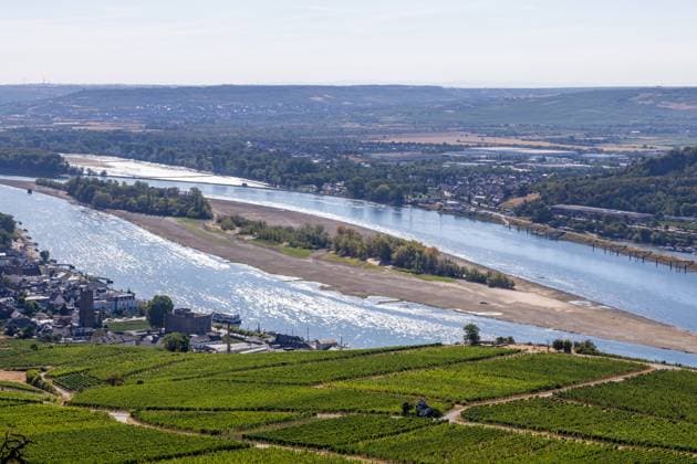 August 2026, Extremes Niedrigwasser am Mittelrhein***Der Rhein bei Rüdesheim und Bingen, fotografiert vom Aussichtspunkt Niederwalddenkmal *** August 2026, Extremely Low Water Levels on the Middle Rhine***The Rhine near Rüdesheim and Bingen, photographed from the Niederwald Monument viewpoint Copyright: xUdoxHerrmannx