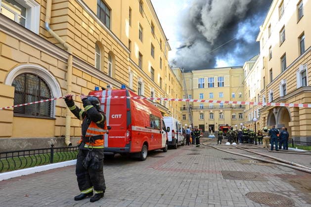 RUSSIA, ST PETERSBURG - AUGUST 11, 2026: Emergency units respond to a roof fire at the Vyborgsky Palace of Culture. Valentin Yegorshin TASS  96035990