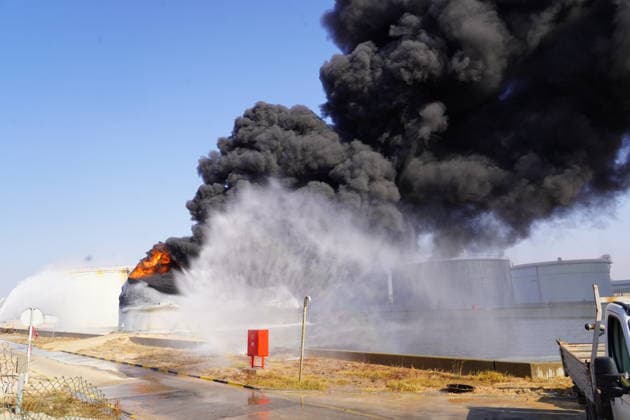 Firefighters battle blaze at Zawiya Oil Complex following drone attack in Libya TRIPOLI, LIBYA - AUGUST 11: Firefighters work to extinguish a blaze inside a diesel tank following an attack at the Zawiya Oil Complex, west of Tripoli, Libya on August 11, 2026. The facility, operated by the National Oil Corporation (NOC), is one of the country s main refineries and fuel supply hubs. Hazem Turkia Anadolu Tripoli Libya. Editorial use only. Please get in touch for any other usage.  Copyright: x2026xAnadoluxHazemxTurkiax