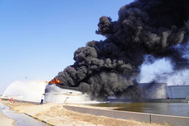 Firefighters battle blaze at Zawiya Oil Complex following drone attack in Libya TRIPOLI, LIBYA - AUGUST 11: Firefighters work to extinguish a blaze inside a diesel tank following an attack at the Zawiya Oil Complex, west of Tripoli, Libya on August 11, 2026. The facility, operated by the National Oil Corporation (NOC), is one of the country s main refineries and fuel supply hubs. Hazem Turkia Anadolu Tripoli Libya. Editorial use only. Please get in touch for any other usage.  Copyright: x2026xAnadoluxHazemxTurkiax