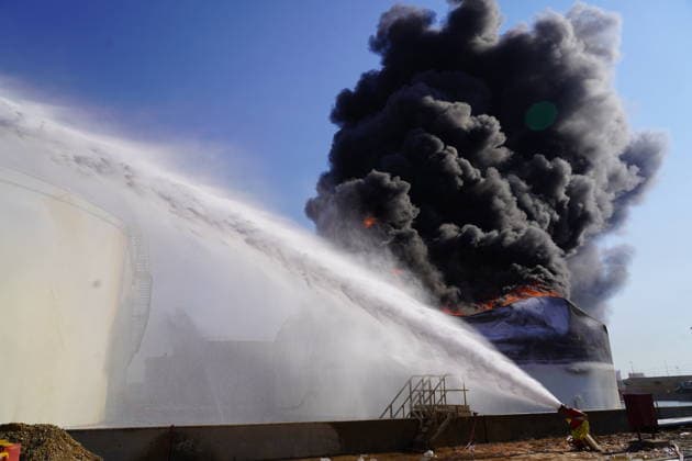 Firefighters battle blaze at Zawiya Oil Complex following drone attack in Libya TRIPOLI, LIBYA - AUGUST 11: Firefighters work to extinguish a blaze inside a diesel tank following an attack at the Zawiya Oil Complex, west of Tripoli, Libya on August 11, 2026. The facility, operated by the National Oil Corporation (NOC), is one of the country s main refineries and fuel supply hubs. Hazem Turkia Anadolu Tripoli Libya. Editorial use only. Please get in touch for any other usage.  Copyright: x2026xAnadoluxHazemxTurkiax
