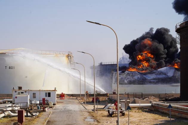 Firefighters battle blaze at Zawiya Oil Complex following drone attack in Libya TRIPOLI, LIBYA - AUGUST 11: Firefighters work to extinguish a blaze inside a diesel tank following an attack at the Zawiya Oil Complex, west of Tripoli, Libya on August 11, 2026. The facility, operated by the National Oil Corporation (NOC), is one of the country s main refineries and fuel supply hubs. Hazem Turkia Anadolu Tripoli Libya. Editorial use only. Please get in touch for any other usage.  Copyright: x2026xAnadoluxHazemxTurkiax