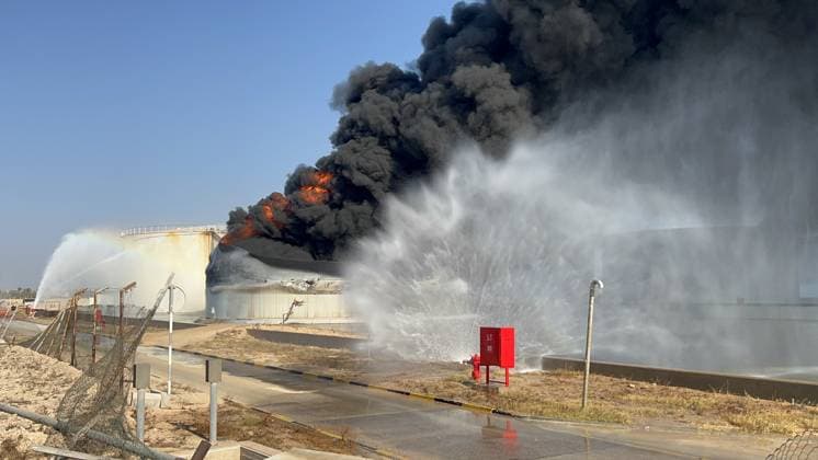 Firefighters battle blaze at Zawiya Oil Complex following drone attack in Libya TRIPOLI, LIBYA - AUGUST 11: Firefighters work to extinguish a blaze inside a diesel tank following an attack at the Zawiya Oil Complex, west of Tripoli, Libya on August 11, 2026. The facility, operated by the National Oil Corporation (NOC), is one of the country s main refineries and fuel supply hubs. Hazem Turkia Anadolu Tripoli Libya. Editorial use only. Please get in touch for any other usage.  Copyright: x2026xAnadoluxHazemxTurkiax