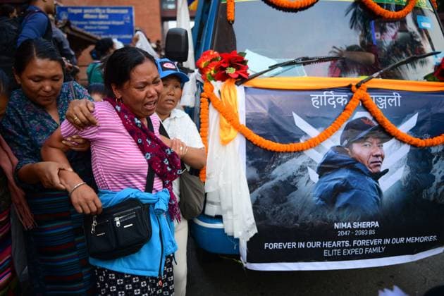 August 11, 2026, Kathmandu, Nepal: KATHMANDU, NEPAL Ã¢â‚¬ AUGUST 11, 2026: Relatives mourn at Tribhuvan International Airport as the remains of Nepali mountaineers Kilu Pemba Sherpa, Nima Sherpa and Gyalu Sherpa arrive in Kathmandu after being repatriated from Pakistan following the Broad Peak avalanche tragedy. The three climbers were among 10 members of an international expedition killed by an avalanche while ascending toward Camp 3 on Broad Peak, an 8,047-meter mountain in Pakistan s Karakoram Range. The tragedy also claimed the lives of renowned British-Nepali mountaineer Nirmal Nims Purja and climbers from China, Oman, the United States and Pakistan. Kathmandu Nepal - ZUMAq101 20260811_zna_q101_111 Copyright: xSafalxPrakashxShresthax
