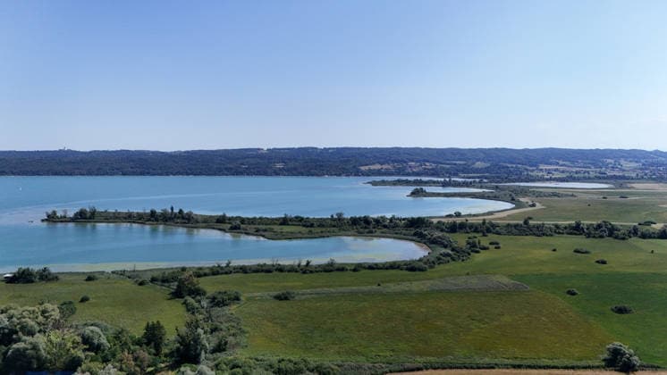 Ein Sommertag bei Dießen am Ammersee (Landkreis Landsberg am Lech). Hier der Blick auf das Südende des Ammersee, mit Zufluss Rott und dahinter Ammer, Naturschutzgebiet *** A summer day near Dießen on Lake Ammersee, Landsberg am Lech District. Here is a view of the southern end of Lake Ammersee, with the Rott River flowing into it and the Ammer River behind it; nature reserve