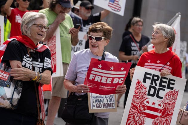 Demonstrators rally in Washington DC on anniversary of National Guard deployment WASHINGTON, D.C., UNITED STATES – AUGUST 11: Demonstrators rally during a Free DC protest in Washington, D.C., on August 11, 2026, marking one year since U.S. President Donald Trump deployed members of the National Guard into the city. Mehmet Eser Anadolu Washington United States. Editorial use only. Please get in touch for any other usage.  Copyright: x2026xAnadoluxMehmetxEserx