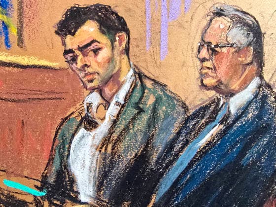 A photograph of a drawing by artist Jane Rosenberg that shows Luigi Mangione (i) along with his lawyer, Marc Agnifilo, during a preliminary hearing in a New York court, United States, 11 August 2026. The state trial against Mangione, accused of murdering UnitedHealthcare CEO Brian Thompson in 2024, will begin on September 8 with an anonymous jury, according to the judge overseeing the case. The state trial against Mangione will begin on September 8 and will have an anonymous jury !ACHTUNG: NUR REDAKTIONELLE NUTZUNG!  Copyright: xJanexRosenbergx USA2694 20260811-55021121006_1
