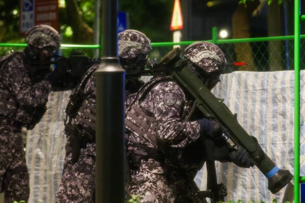 Han Kuang military exercise in Taiwan TAIPEI, TAIWAN - AUGUST 12: Taiwanese soldiers with anti-armor rocket launchers and machine guns conduct a defense drill in urban areas, as part of the Han Kuang military exercise, in Taipei City, Taiwan, on August 12, 2026. China said on Tuesday it will hold military exercises with Indonesian navies in sensitive waters east of Taiwan in mid-August. The announcement comes at a time when the self governing island is holding its annual Han Kuang exercises to brace for possible attacks by Beijing. Daniel Ceng Anadolu Taipei Taiwan. Editorial use only. Please get in touch for any other usage.  Copyright: x2026xAnadoluxDanielxCengx
