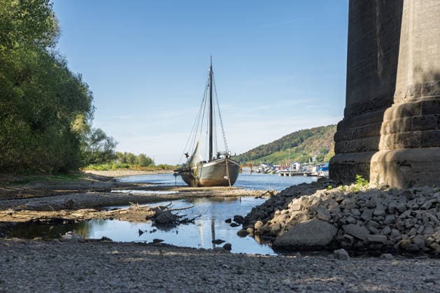 Niedrigwasser am Rhein: Aalschokker Aranka im trockengefallenen Nebenarm bei Insel Grafenwerth - 11.08.26. Niedrigwasser am Rhein: Bei einem Pegelstand von -3 cm am Pegel Oberwinter und 70 cm am Pegel Bonn neue Tiefstwerte liegt der Nebenarm an der Nordspitze der Insel Grafenwerth in Bad Honnef weitgehend trocken. Der historische Aalschokker Aranka liegt auf dem Trockenen, im Hintergrund die Grafenwerther Brücke und der Drachenfels. Die Rheinschifffahrt ist weiterhin stark eingeschränkt. Bad Honnef Insel Grafenwerth Nordrhein-Westfalen Deutschland *** Low Water on the Rhine: The Aalschokker Aranka in the dried-up side channel near Grafenwerth Island, August 11, 2026. Low Water on the Rhine: With water levels at 3 cm at the Oberwin Copyright: xMarcxJohnx