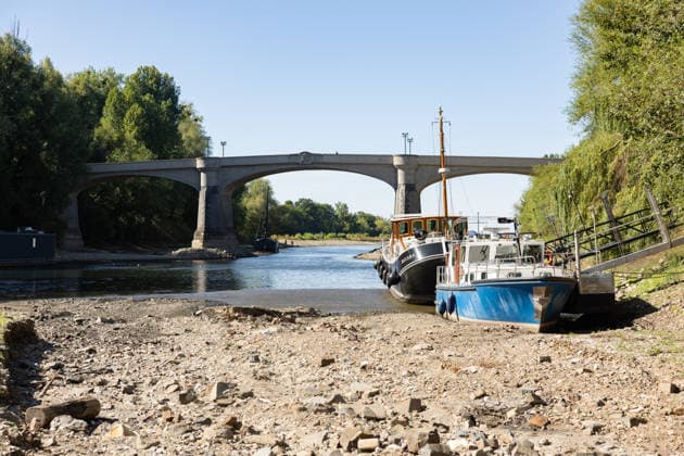Niedrigwasser am Rhein: Aalschokker Aranka im trockengefallenen Nebenarm bei Insel Grafenwerth - 11.08.26. Niedrigwasser am Rhein: Bei einem Pegelstand von -3 cm am Pegel Oberwinter und 70 cm am Pegel Bonn neue Tiefstwerte liegt der Nebenarm an der Nordspitze der Insel Grafenwerth in Bad Honnef weitgehend trocken. Boote und Hausboote liegen auf dem Trockenen, im Hintergrund die Grafenwerther Brücke. Die Rheinschifffahrt ist weiterhin stark eingeschränkt. Bad Honnef Insel Grafenwerth Nordrhein-Westfalen Deutschland *** Low Water on the Rhine: The Aalschokker Aranka in the dried-up side channel near Grafenwerth Island, August 11, 2026. Low Water on the Rhine: With water levels at 3 cm at the Oberwinter gauge and 70 cm at the Bonn g Copyright: xMarcxJohnx