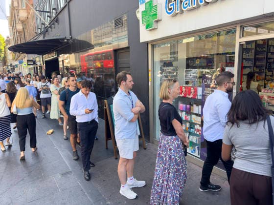 August 12, 2026, London, London, UK: London, UK. People queue outside the Grafton Pharmacy on Tottenham Court Road to buy Ã‚Â£8 solar eclipse glasses to view this evenings total solar eclipse. The eclipse will be visible for most of the UK population. London UK  - ZUMAl94_ 20260812_zaf_l94_014 Copyright: xRayxTangx
