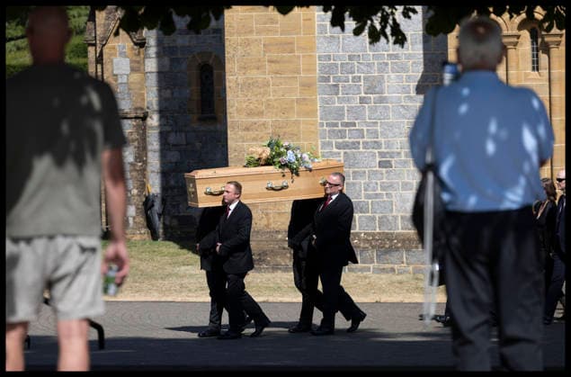 . 12 08 2026. Buckfast, United Kingdom. The coffin of Ann Widdecombe leaving Buckfast Abbey after her funeral in Buckfast, United Kingdom.  xStephenxLockx xi-Imagesx IIM-26942-0011
