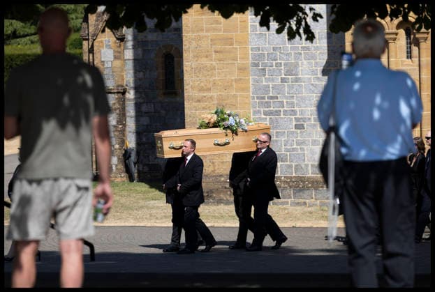 . 12 08 2026. Buckfast, United Kingdom. The coffin of Ann Widdecombe leaving Buckfast Abbey after her funeral in Buckfast, United Kingdom.  xStephenxLockx xi-Imagesx IIM-26942-0012