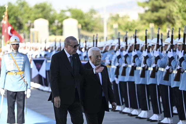Recep Tayyip Erdogan - Mahmoud Abbas meeting in Ankara ANKARA, TURKIYE - AUGUST 12 : Turkish President Recep Tayyip Erdogan welcomes Palestinian President Mahmoud Abbas with an official ceremony at the Presidential Complex during his official visit to Ankara, Turkiye on August 12, 2026. Dogukan Keskinkilic Anadolu Ankara Turkey. Editorial use only. Please get in touch for any other usage.  Copyright: x2026xAnadoluxDogukanxKeskinkilicx