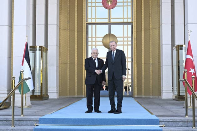 Recep Tayyip Erdogan - Mahmoud Abbas meeting in Ankara ANKARA, TURKIYE - AUGUST 12 : Turkish President Recep Tayyip Erdogan welcomes Palestinian President Mahmoud Abbas with an official ceremony at the Presidential Complex during his official visit to Ankara, Turkiye on August 12, 2026. Dogukan Keskinkilic Anadolu Ankara Turkey. Editorial use only. Please get in touch for any other usage.  Copyright: x2026xAnadoluxDogukanxKeskinkilicx