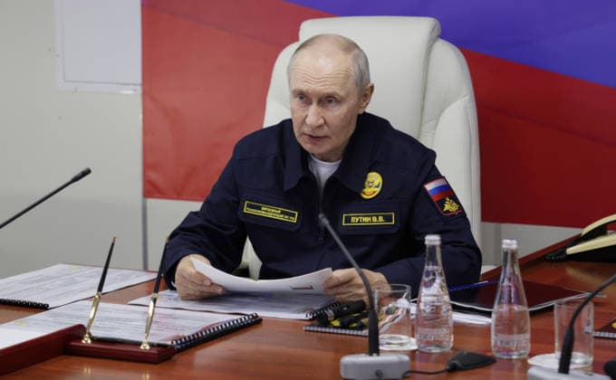 August 12, 2026, Korsakov, Sakhalin Oblast, Russia: Russian President Vladimir Putin, delivers remarks during a briefing aboard the Russian Navy Slava-class missile cruiser RF Varyag, August 12, 2026 in Korsakov, Sakhalin Oblast, Russia. Putin is visiting the remote island in the Russian Far East to view the Pacific Fleet naval exercises. Korsakov Russia - ZUMAp138 20260812_zaa_p138_009 Copyright: xGavriilxGrigorov RussianxGovernmx