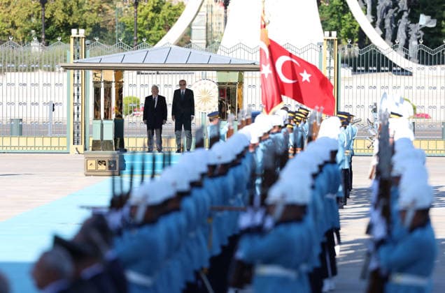 Recep Tayyip Erdogan - Mahmoud Abbas meeting in Ankara ANKARA, TURKIYE - AUGUST 12: (----EDITORIAL USE ONLY - MANDATORY CREDIT - TURKISH PRESIDENCY MURAT KULA HANDOUT - NO MARKETING NO ADVERTISING CAMPAIGNS - DISTRIBUTED AS A SERVICE TO CLIENTS----) Turkish President Recep Tayyip Erdogan welcomes Palestinian President Mahmoud Abbas with an official ceremony at the Presidential Complex during his official visit to Ankara, Turkiye, on August 12, 2026. TUR Presidency Murat Kula Handout Anadolu Ankara Turkey. Editorial use only. Please get in touch for any other usage.  Copyright: x2026xAnadoluxTURxPresidency xMuratxKulax xHandoutx