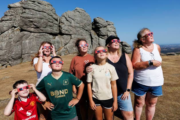 Solar eclipse, Haytor Dartmoor, Devon, UK - 12 Aug 2026 NEWS - The Hammon and Collyer famies are ready for the solar eclipse Haytor Rock ahead of the solar eclipse from Haytor, Dartmoor, Devon where people will come to view the eclipse on 12th August 2026. Haytor Dartmoor Devon GBR Copyright: xPhilxMingo PPAUKx PPA-297096